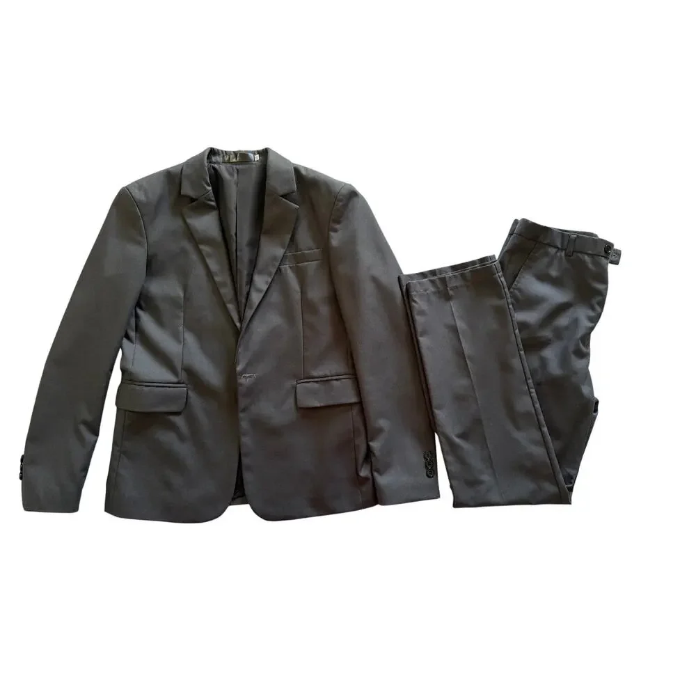 Boys’ Charcoal 2-Piece Suit Set (Blazer + Pants) – Polyester/Rayon – Size 12-14Y
